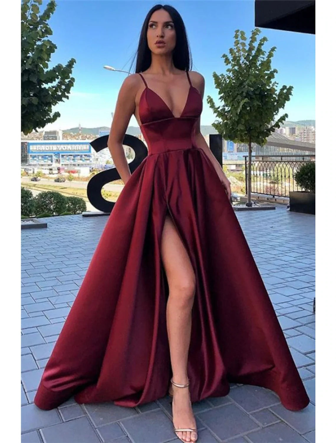 Black A-Line Spaghetti Strap Satin Sleeveless Pleated Evening Dress - Chloe Dress