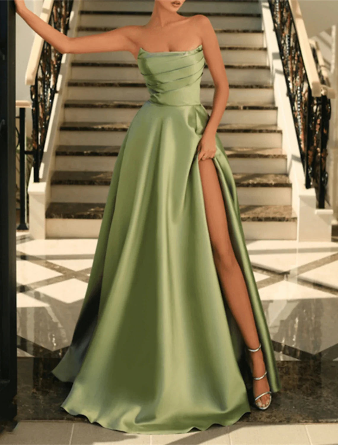 Black A-Line Strapless Satin Sleeveless High Slit Floor-Length Evening Gown - Chloe Dress