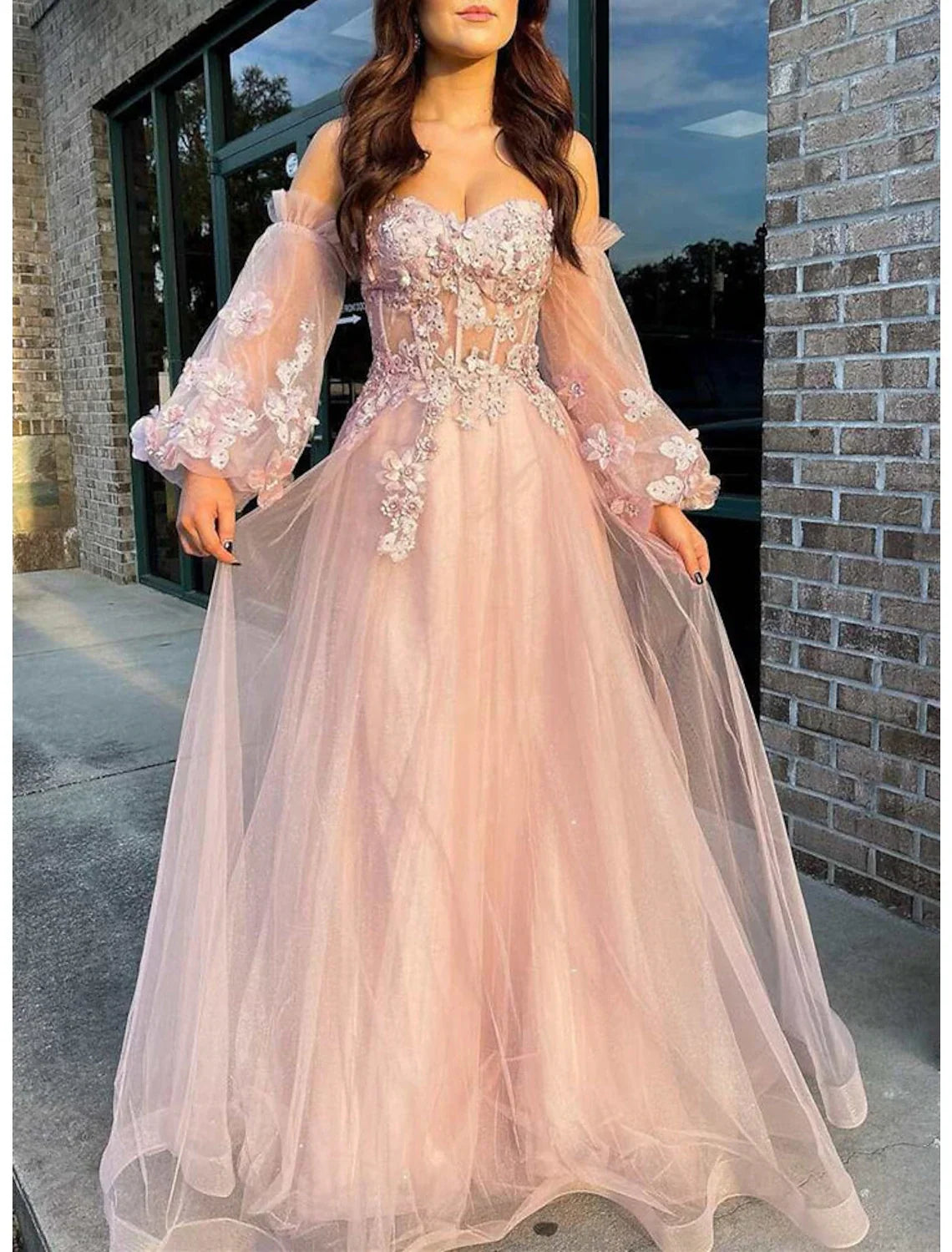 A-Line Strapless Tulle Long Sleeve Floor-Length Prom Dress - Chloe Dress