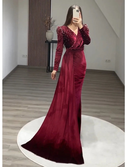 Black Mermaid V-Neck Velvet Long Sleeve Floor-Length Evening Gown - Chloe Dress