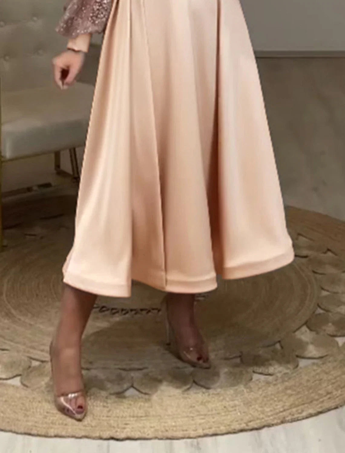 A-Line V-Neck Satin Long Sleeve Tea-Length Wedding Dress - Chloe Dress