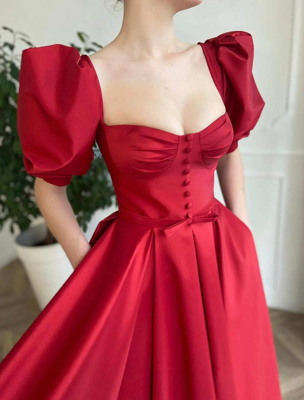 A-Line Square Neck Satin Button Back High Slit Tea-Length Wedding Dress - Chloe Dress