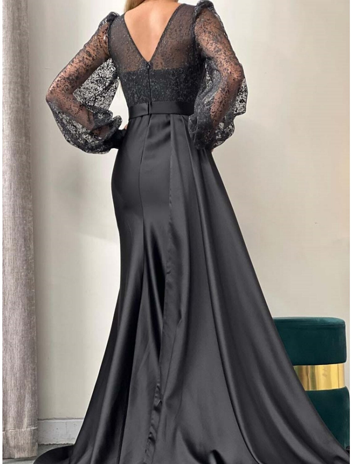 Green A-Line V-Neck Satin Long Sleeve High Slit Evening Gown - Chloe Dress