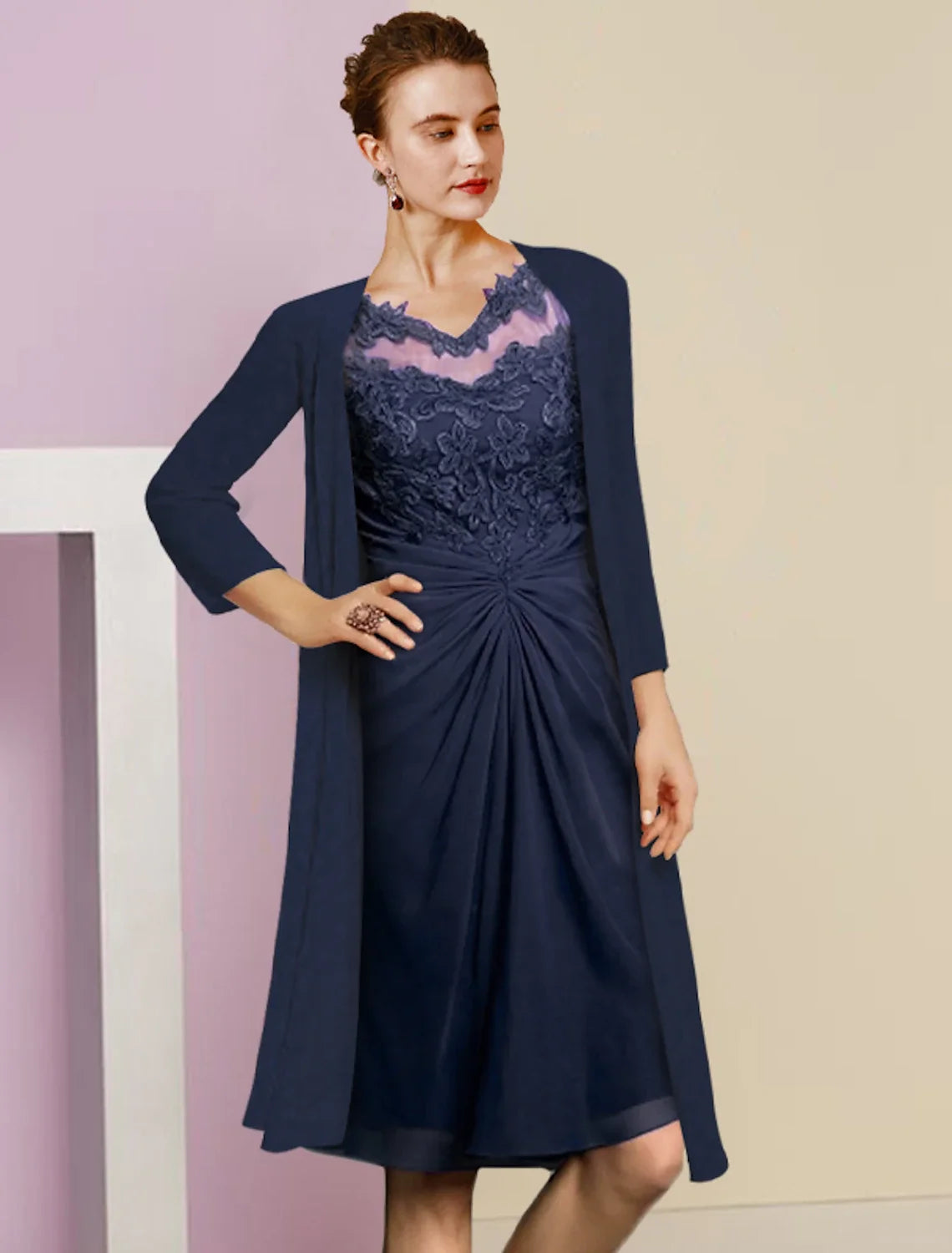 Sheath V-Neck Chiffon Applique Knee-Length Wedding Dress - Chloe Dress