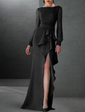 Black A-Line Chiffon Long Sleeve High Slit Evening Gown - Chloe Dress