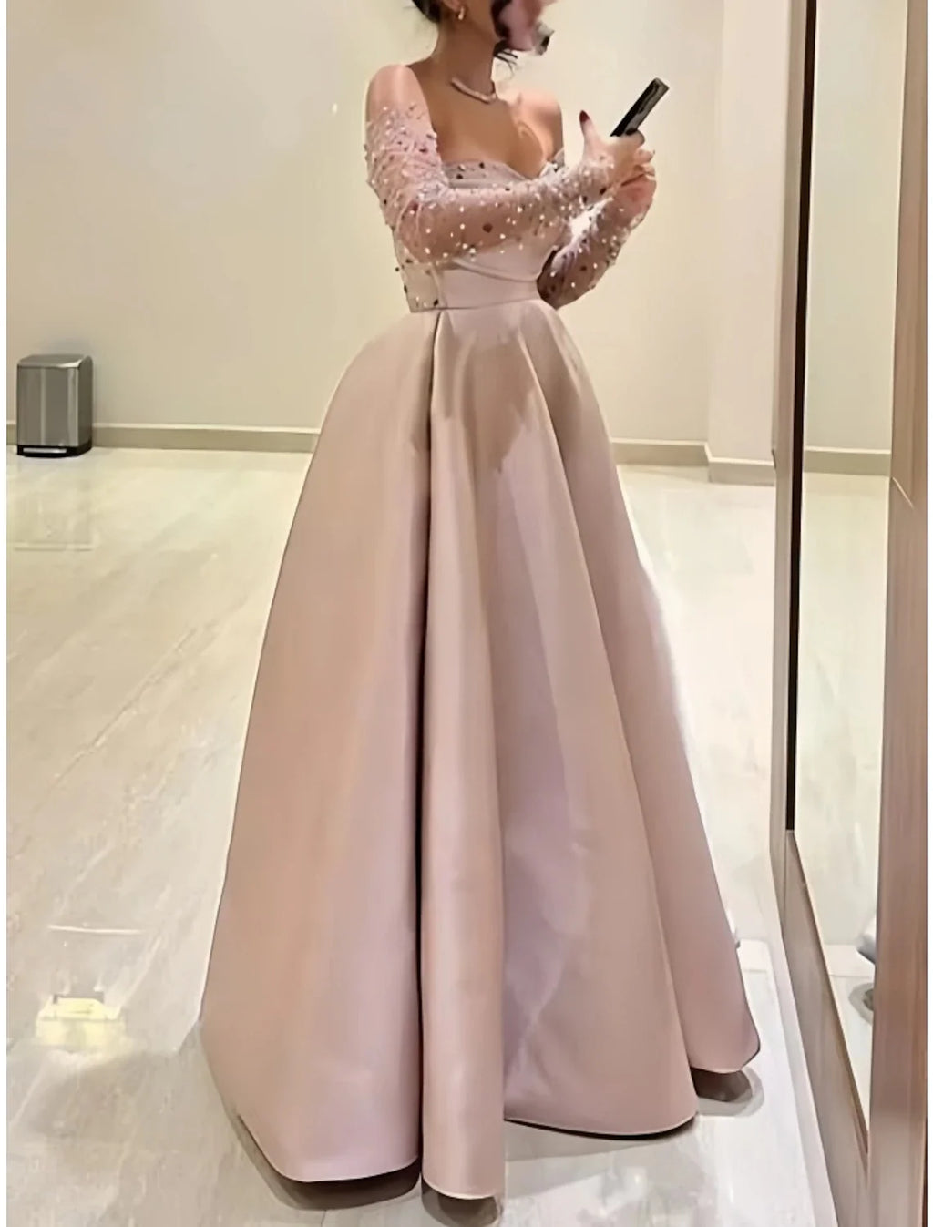 A-Line Sweetheart Satin Long Sleeve Pleated Floor-Length Evening Gown - Chloe Dress
