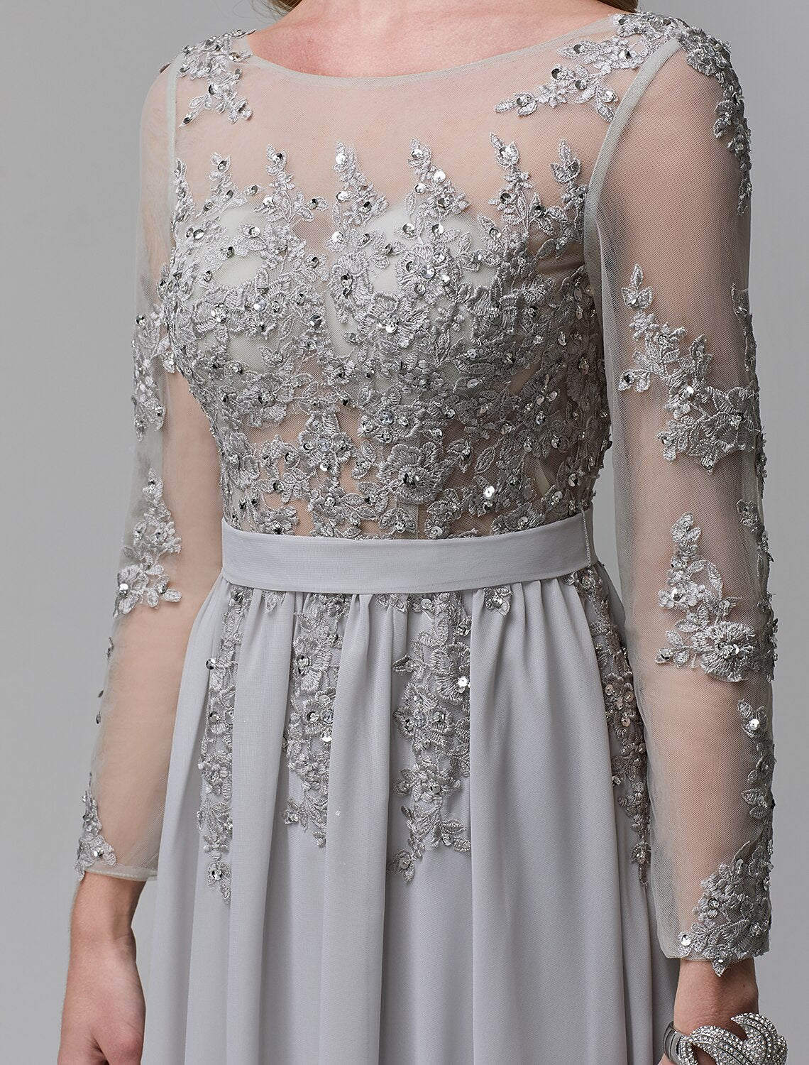A-Line Illusion Chiffon Long Sleeve Open Back Train Evening Dress - Chloe Dress