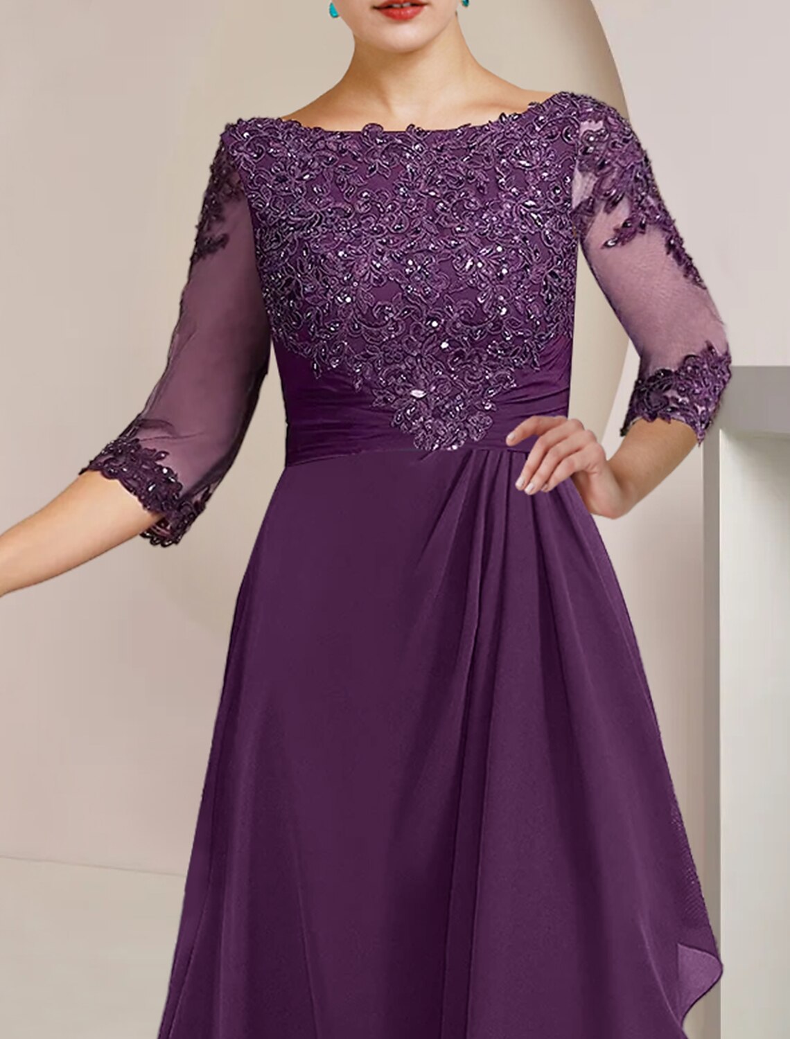 A-Line High Neck Chiffon Three-Quarter Sleeve Asymmetric Floor-Length Wedding Dress - Chloe Dress