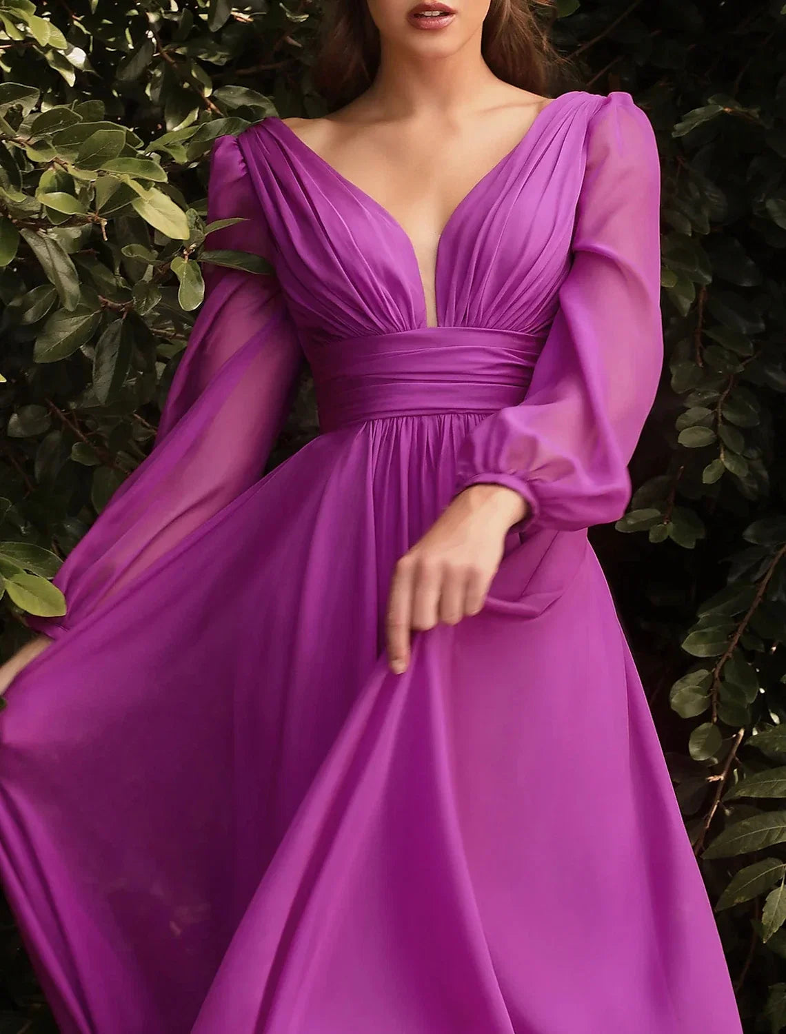 Sheath V-Neck Chiffon Long Sleeve High Slit Floor-Length Wedding Dress - Chloe Dress