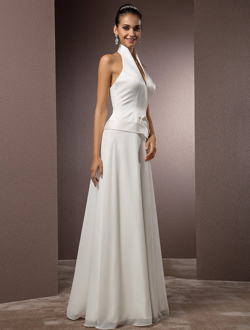 Sheath Halter Satin Sleeveless Floor-Length Wedding Gown - Chloe Dress