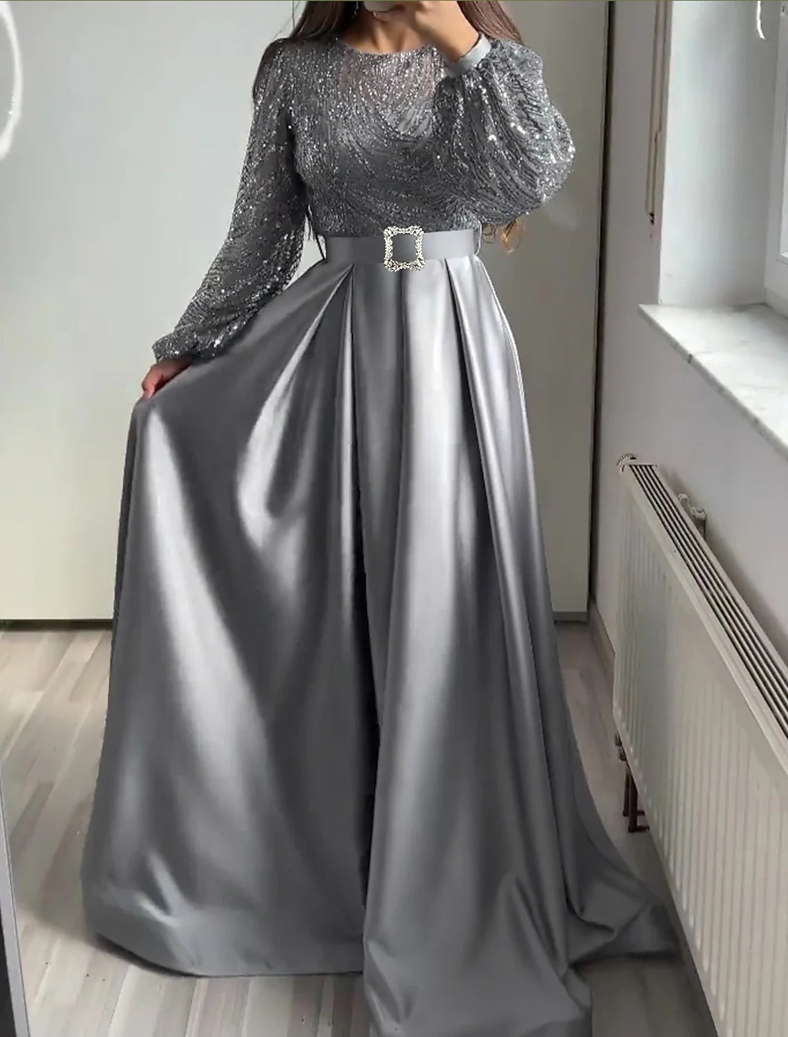 Black A-Line Satin Long Sleeve Floor-Length Evening Gown - Chloe Dress
