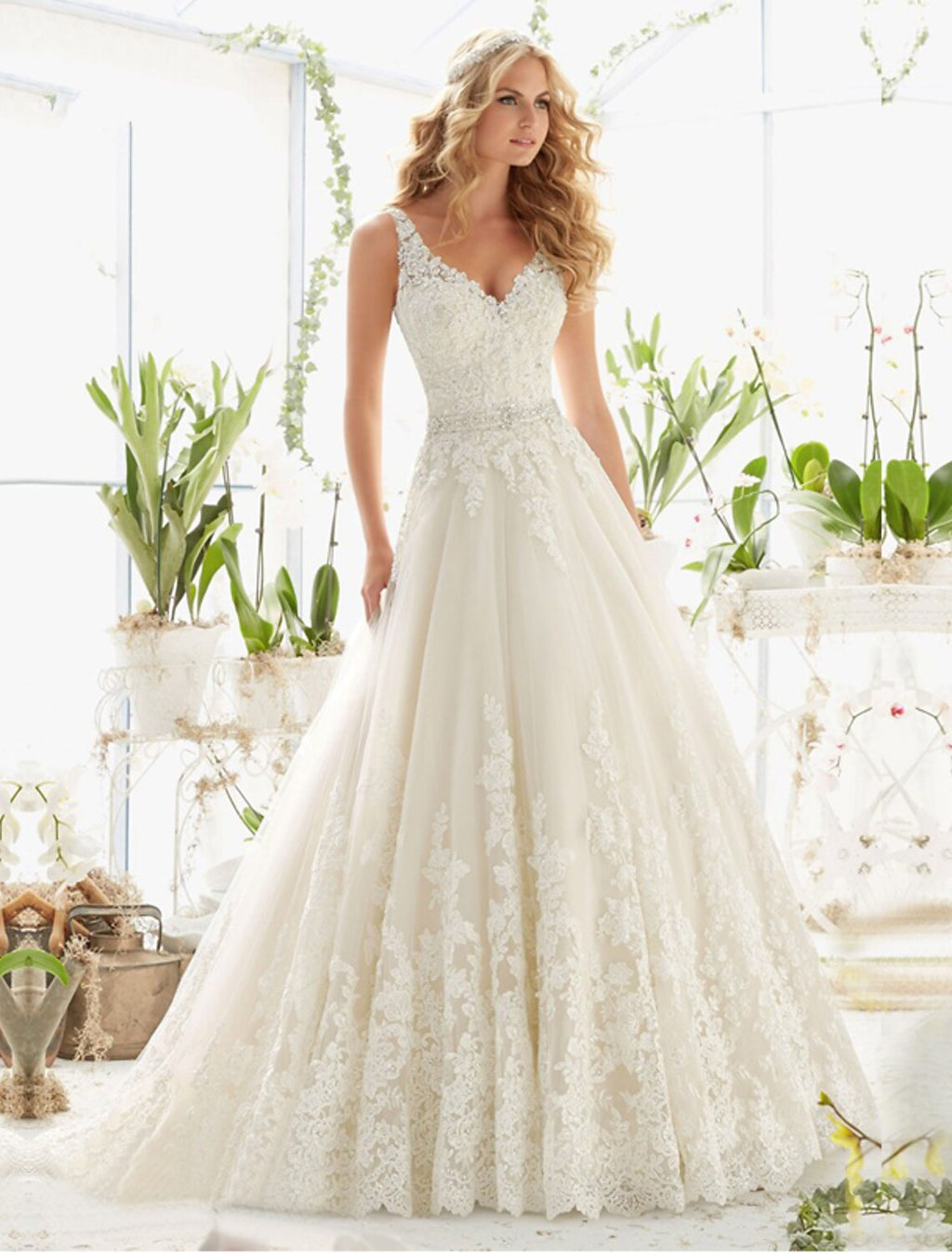 A-Line V-Neck Lace Sleeveless Open Back Train Wedding Gown - Chloe Dress