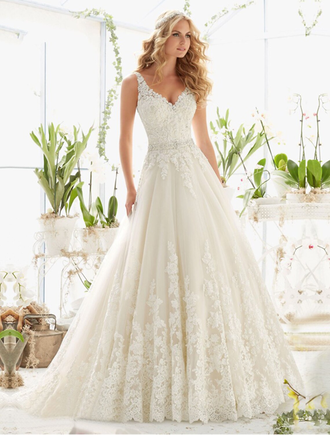 A-Line V-Neck Lace Sleeveless Open Back Train Wedding Gown - Chloe Dress