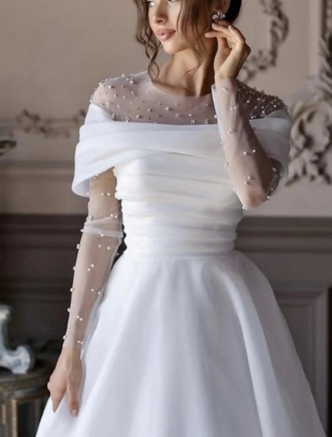 A-Line V-Neck Chiffon Long Sleeve Pleated Wedding Gown - Chloe Dress