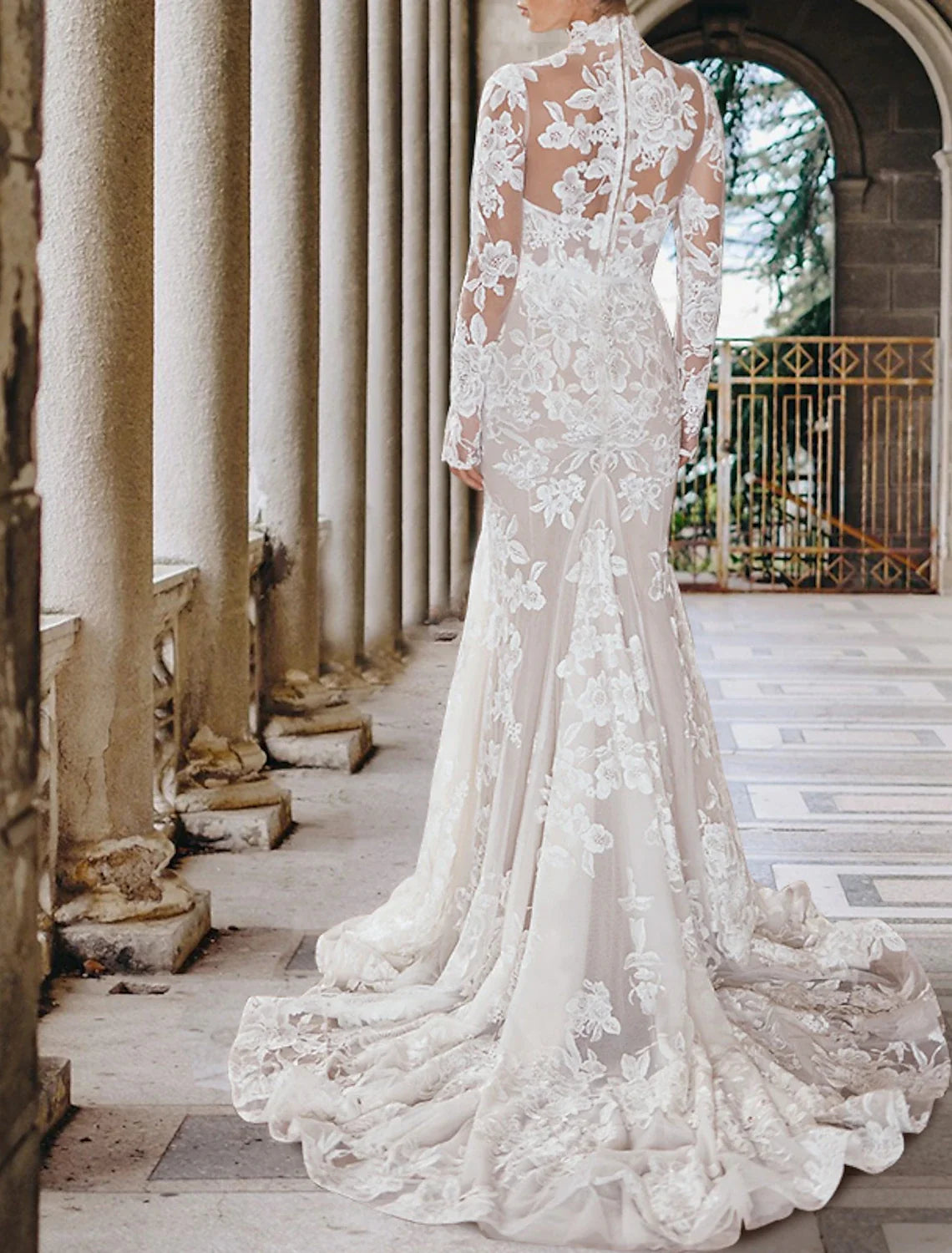 Mermaid High Neck Lace Long Sleeve Train Wedding Gown - Chloe Dress