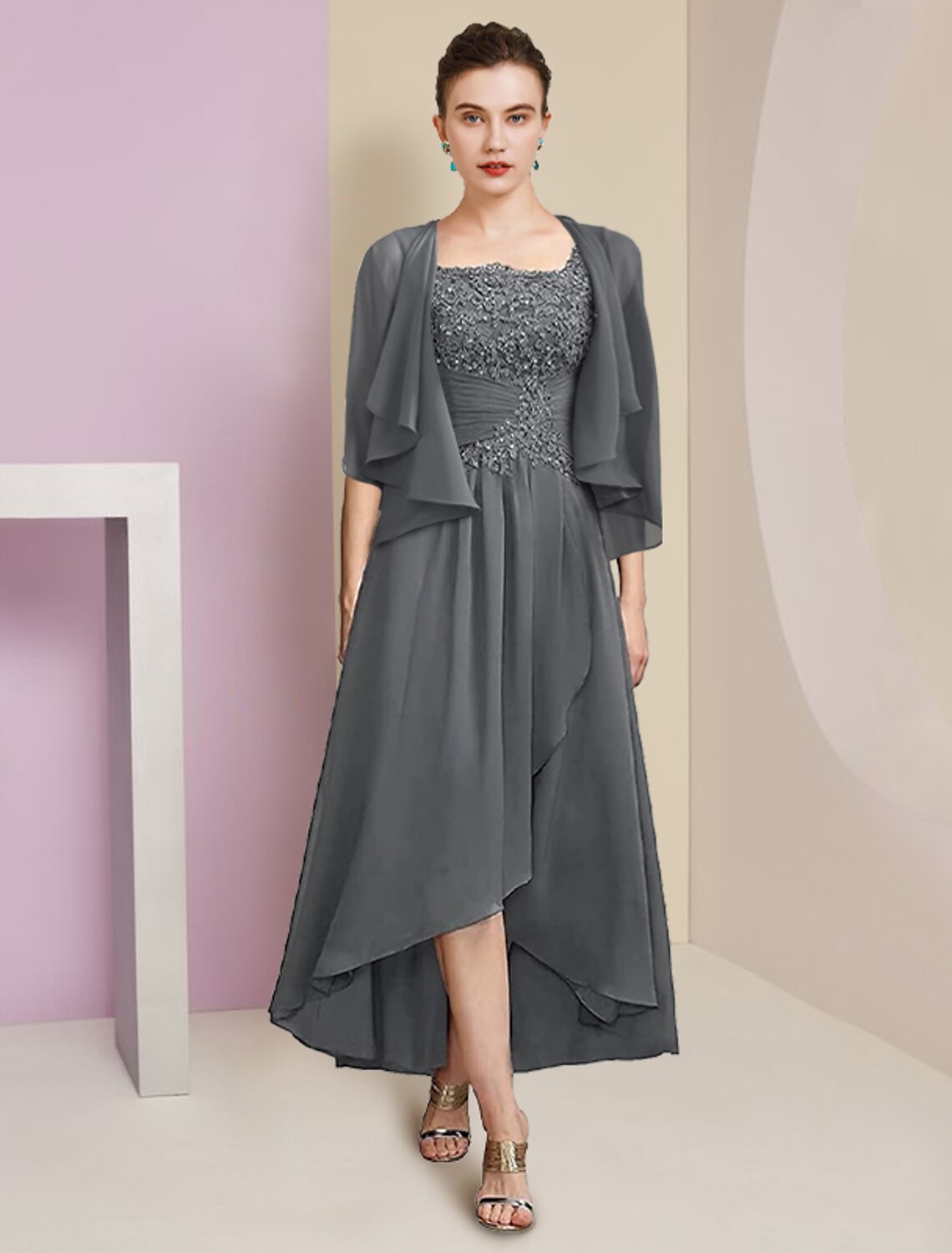 A-Line Square Neck Chiffon Three-Quarter Sleeve Wrap Tea-Length Wedding Dress - Chloe Dress