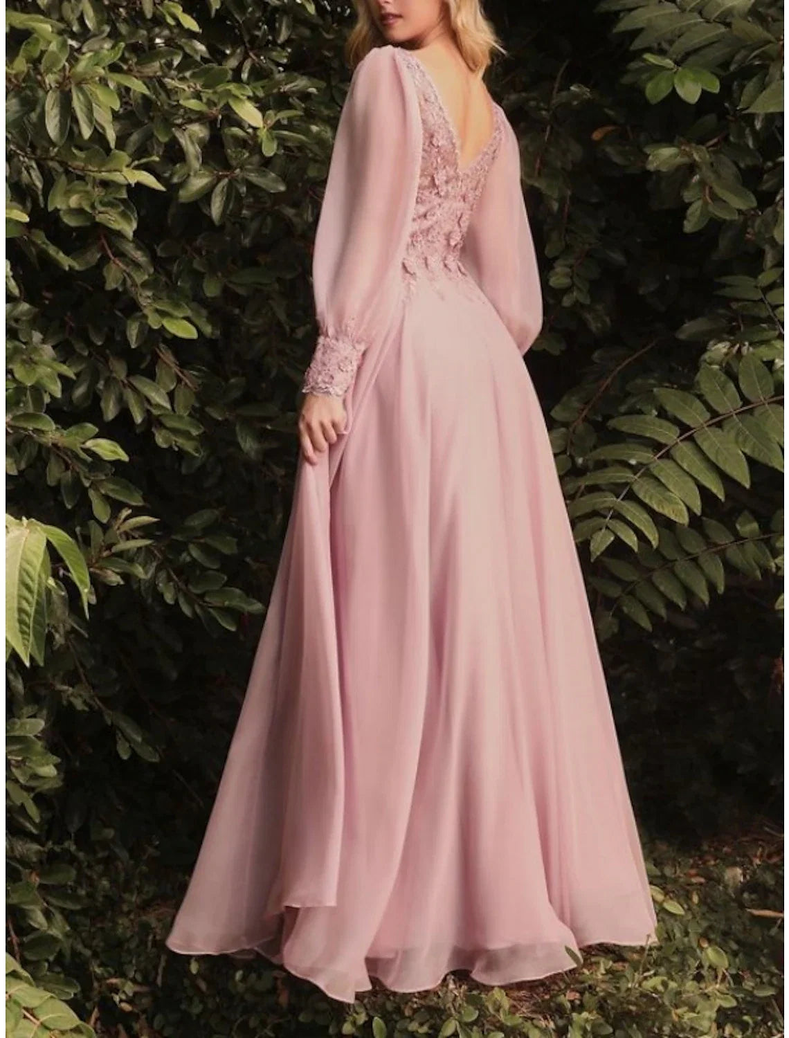 Sheath V-Neck Chiffon Long Sleeve Pleated Floor-Length Wedding Dress - Chloe Dress