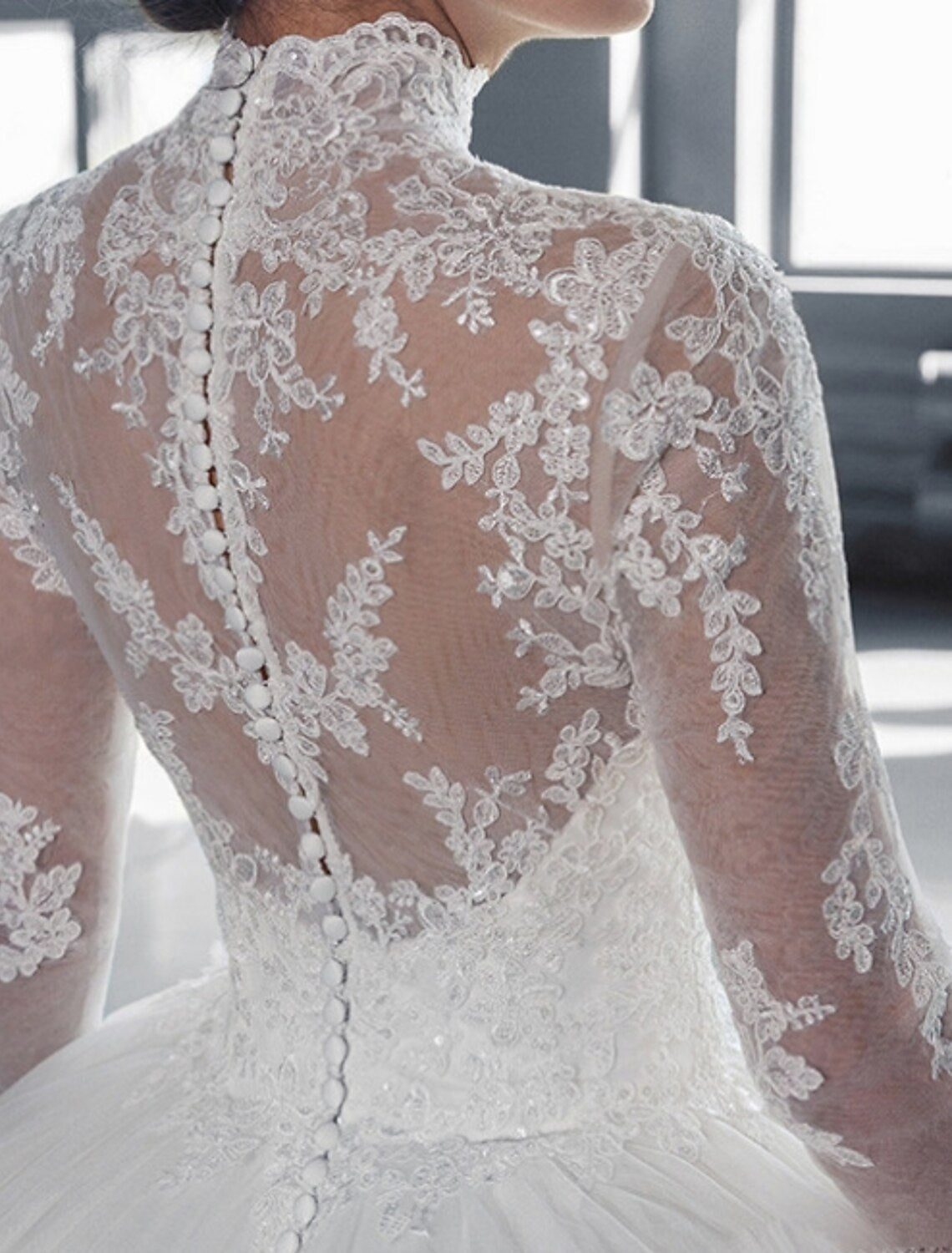 Ball Gown High Neck Lace Long Sleeve Train Wedding Gown - Chloe Dress