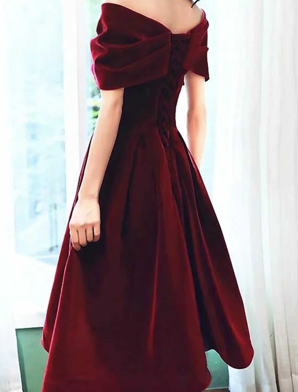 Black A-Line Off-Shoulder Velvet Short Sleeve Pleated Mini Wedding Dress - Chloe Dress