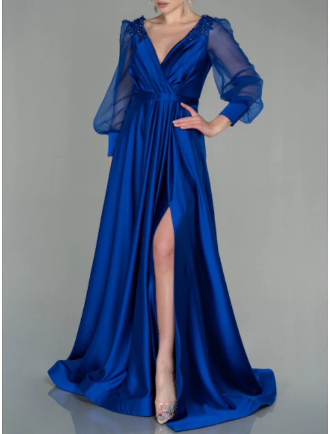 A-Line V-Neck Satin Long Sleeve High Slit Floor-Length Evening Gown - Chloe Dress