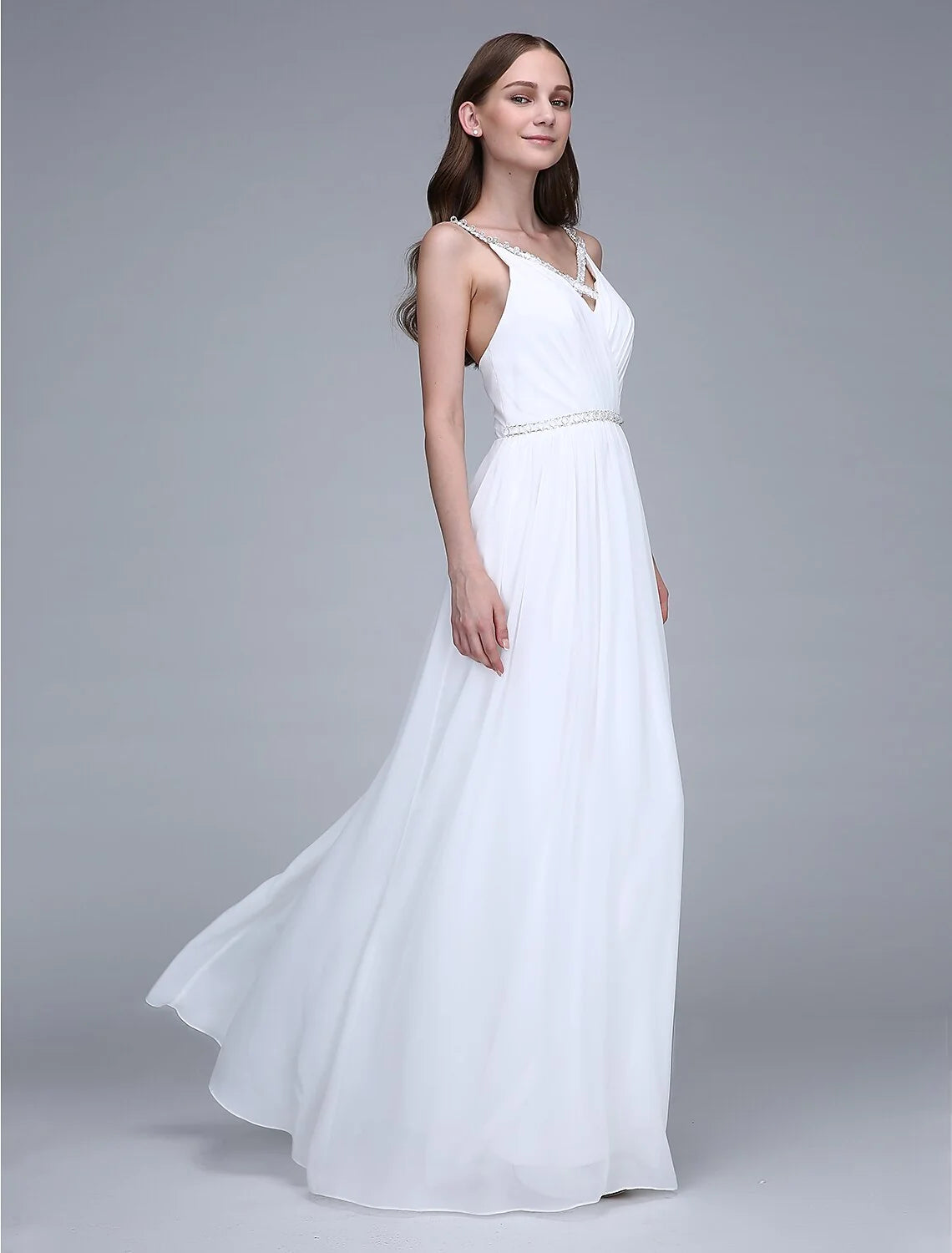 White Beaded Spaghetti Strap V‑Back Chiffon A‑Line Bridesmaid Dresses