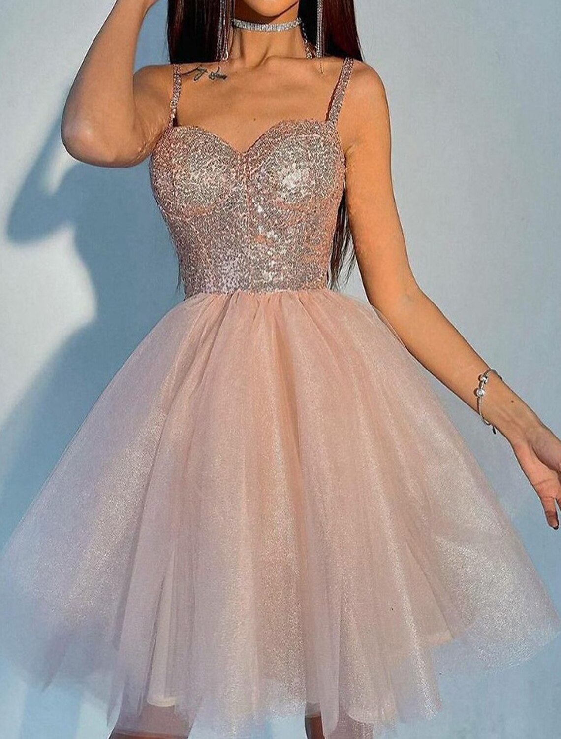 A-Line Spaghetti Strap Tulle Short Sleeve Mini Prom Gown - Chloe Dress