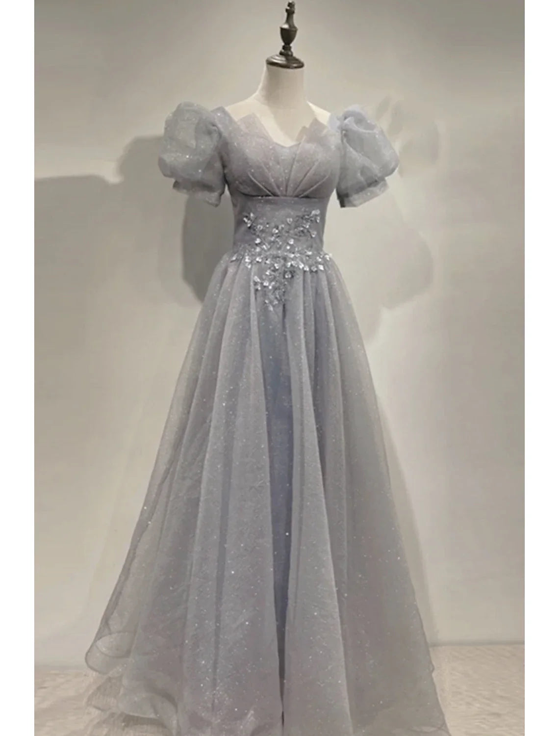 A-Line V-Neck Tulle Short Sleeve Floor-Length Prom Dress - Chloe Dress