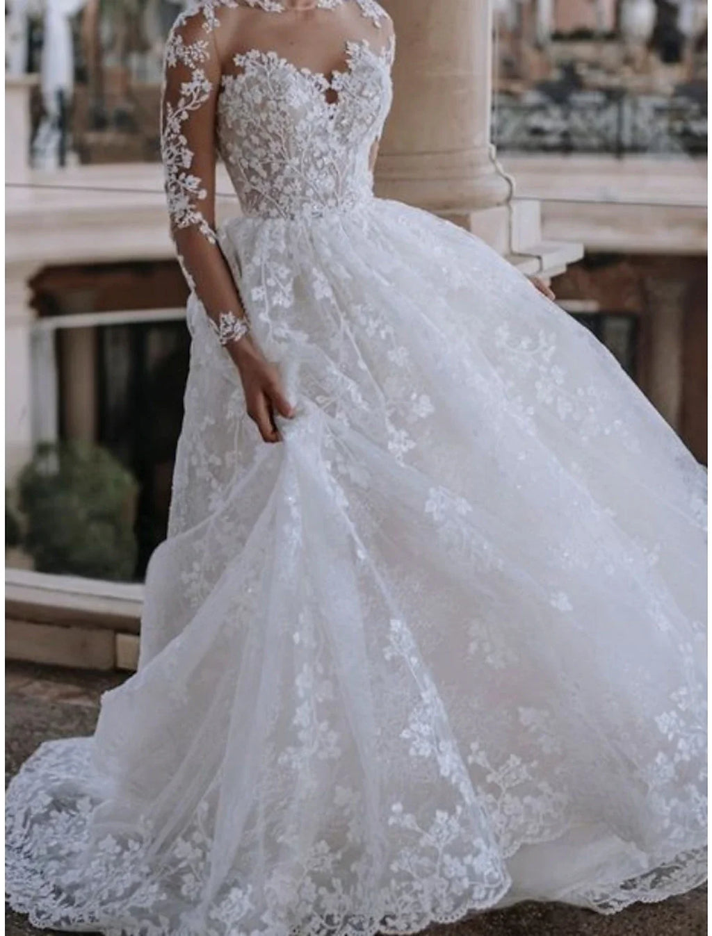 A-Line Illusion Lace Long Sleeve Pleated Wedding Gown - Chloe Dress