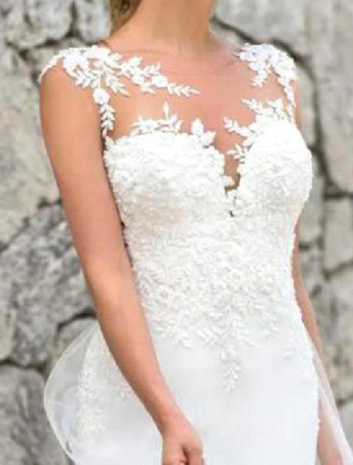 Mermaid Illusion Lace Cap Sleeve Train Wedding Gown - Chloe Dress