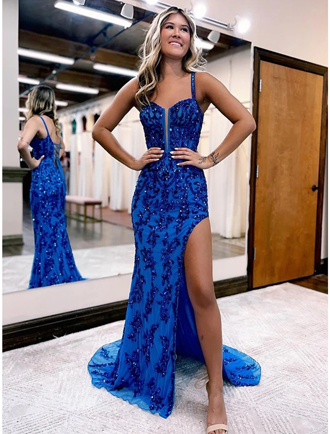 Mermaid V-Neck Tulle Sleeveless Open Back High Slit Evening Gown - Chloe Dress