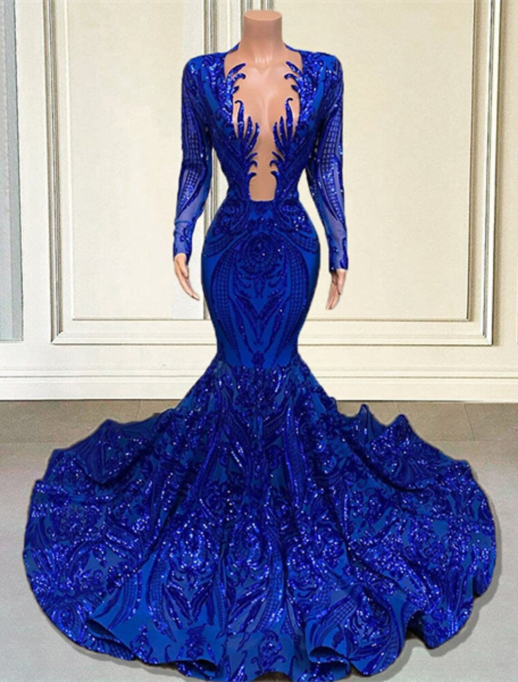 Mermaid V-Neck Sequin Long Sleeve Train Evening Gown - Chloe Dress