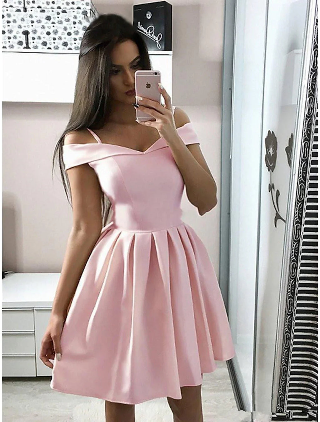 Pink A-Line V-Neck Sleeveless Pleated Mini Cocktail Dress - Chloe Dress