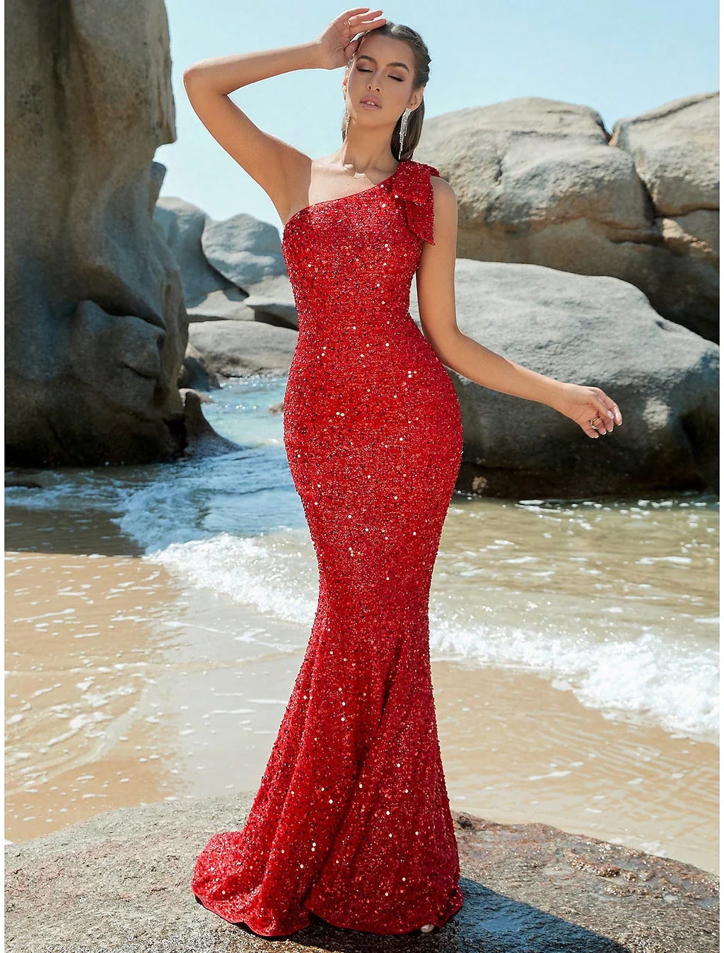 Mermaid One-Shoulder Sequin Sleeveless Train Evening Gown - Chloe Dress