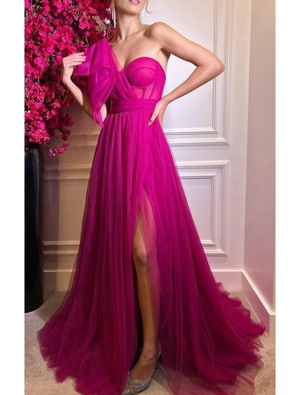 A-Line One-Shoulder Tulle Sleeveless High Slit Prom Dress - Chloe Dress