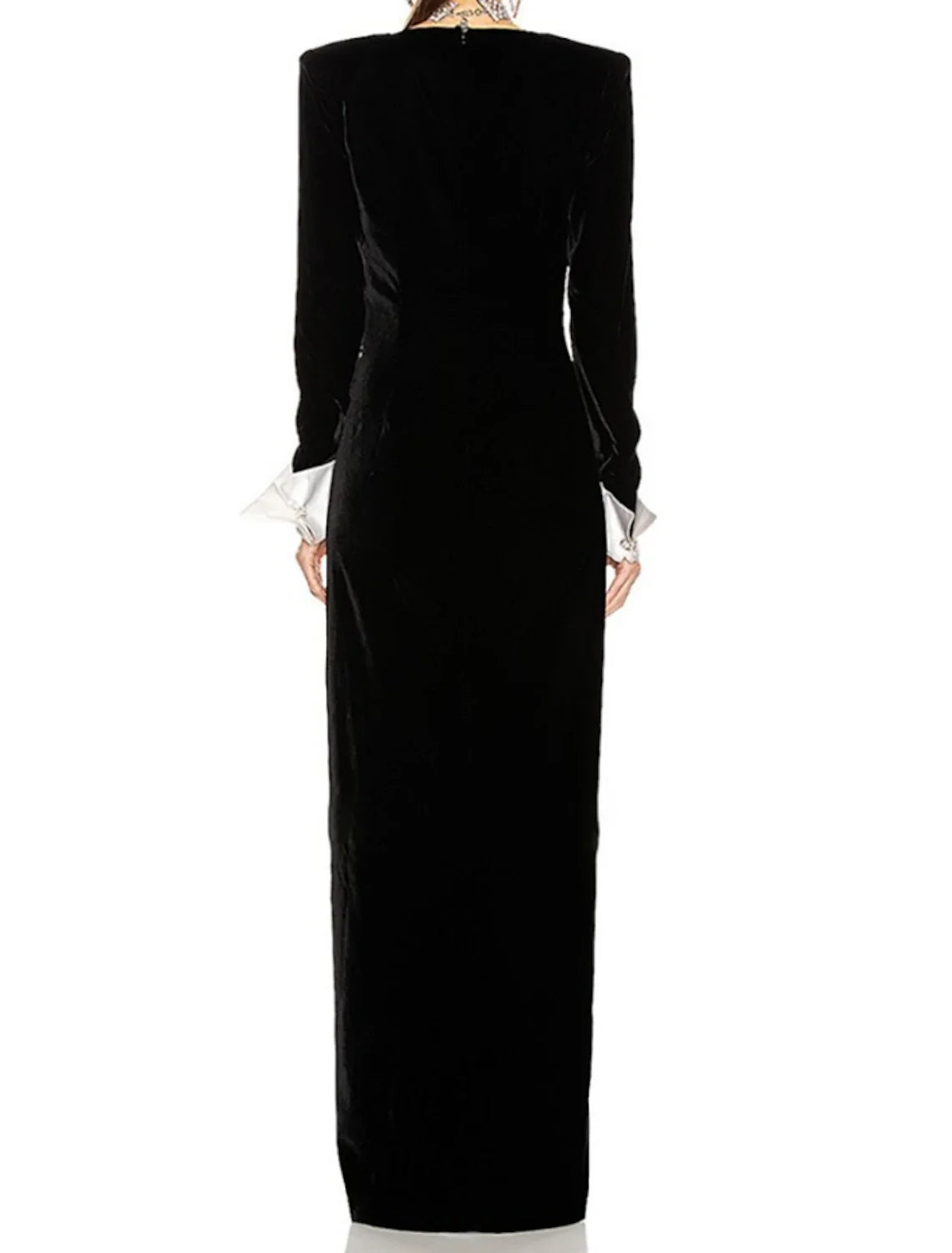 Black A-Line V-Neck Velvet Long Sleeve Button Back High Slit Floor-Length Evening Gown - Chloe Dress