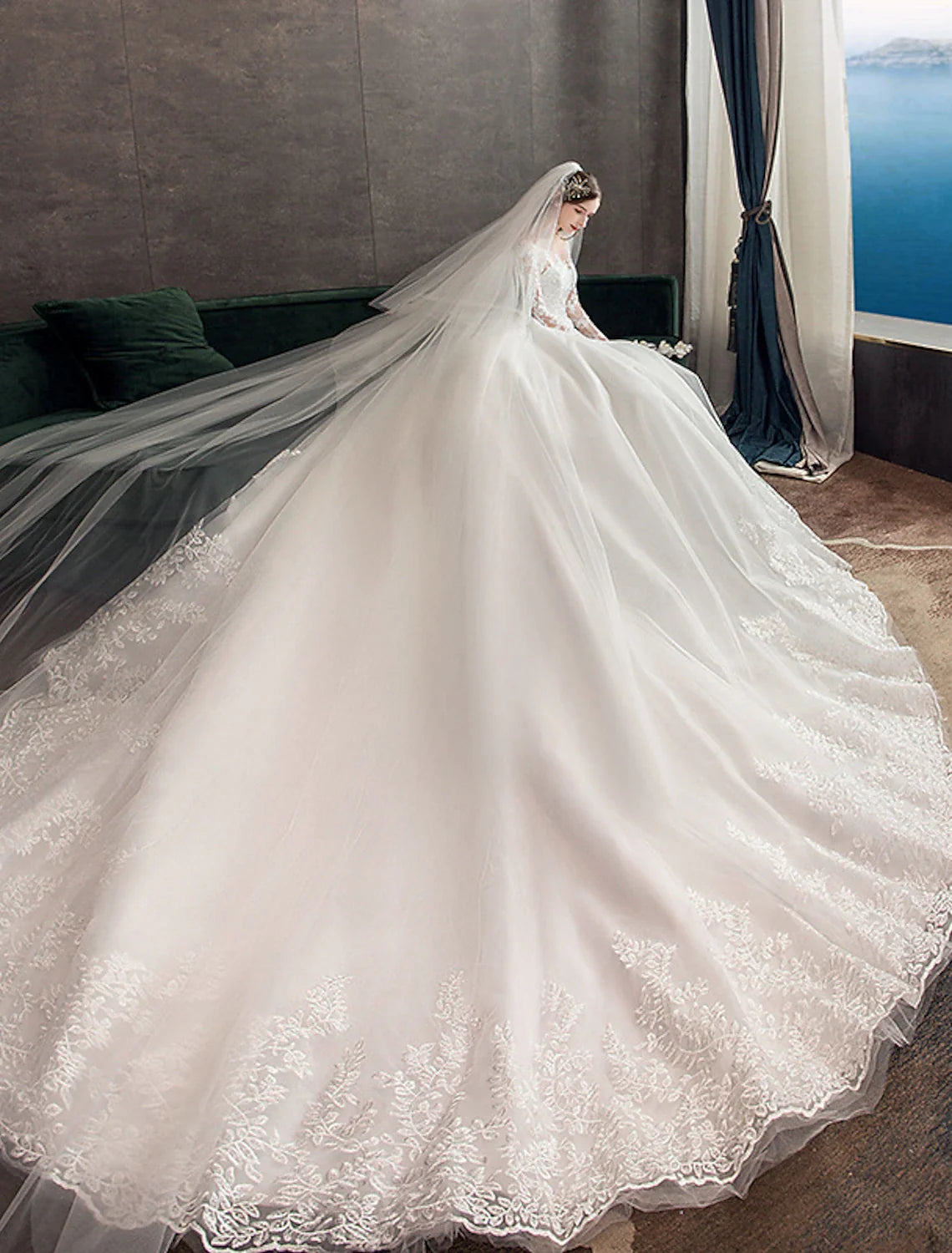 Ball Gown Illusion Lace Long Sleeve Pleated Wedding Gown - Chloe Dress