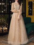 A-Line Tulle Long Sleeve Applique Floor-Length Prom Dress - Chloe Dress