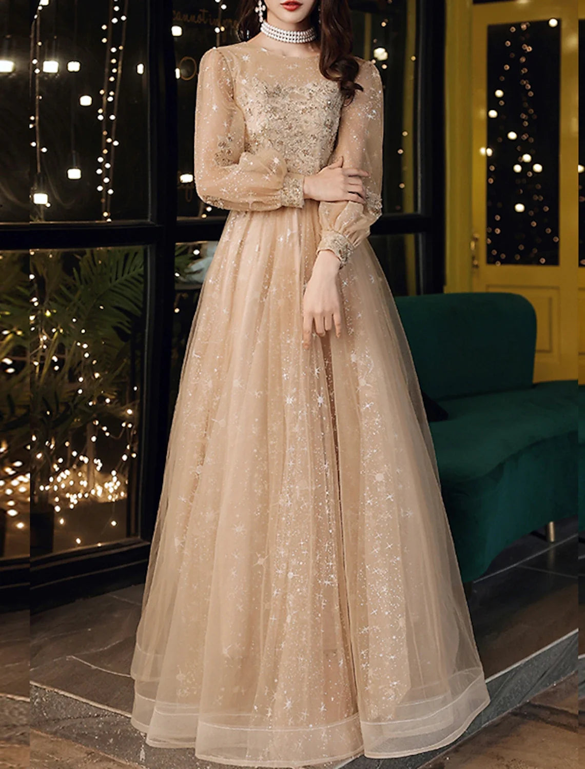 A-Line Tulle Long Sleeve Applique Floor-Length Prom Dress - Chloe Dress