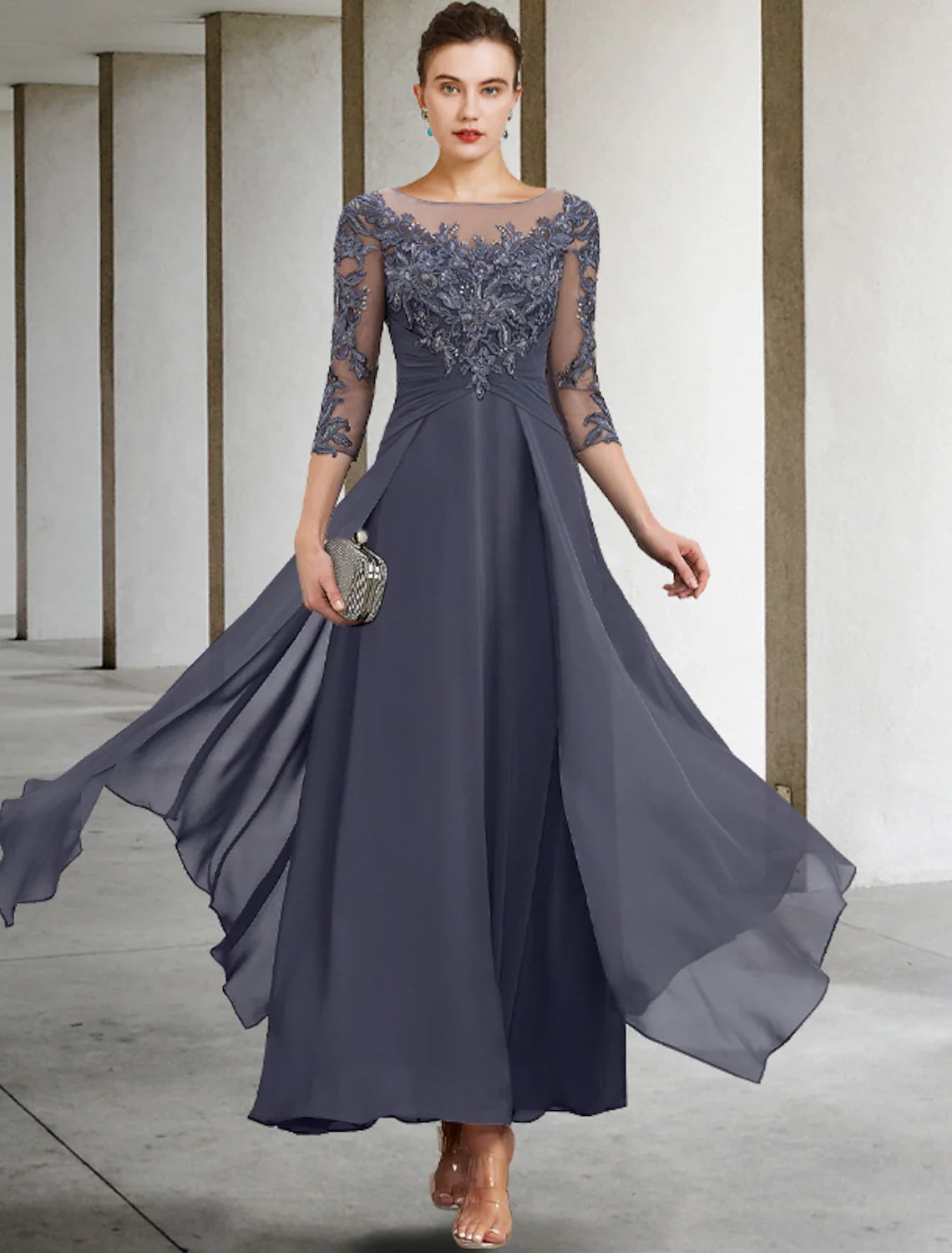 A-Line Chiffon Three-Quarter Sleeve Applique Ankle-Length Wedding Dress - Chloe Dress