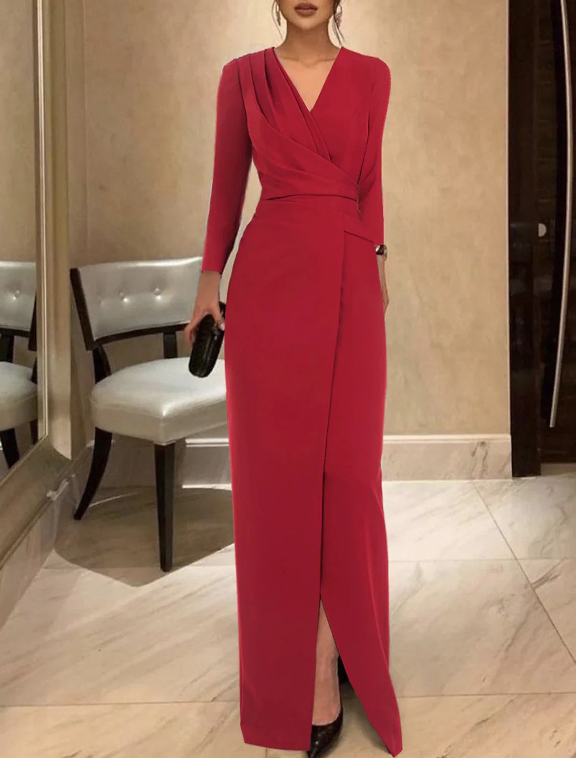 Black Sheath V-Neck Long Sleeve Floor-Length Evening Gown - Chloe Dress
