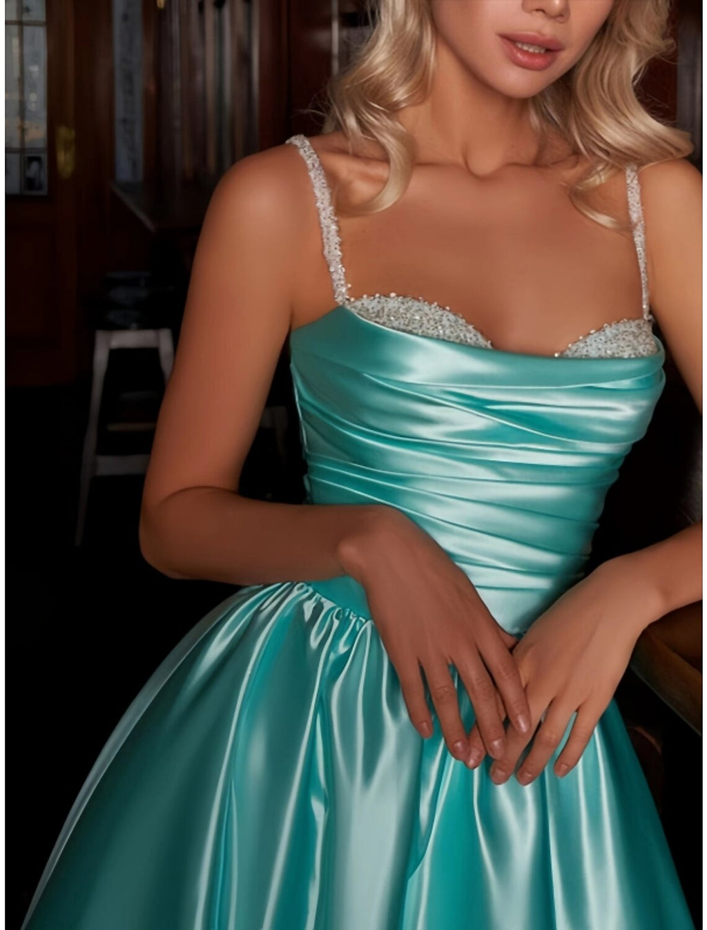 A-Line Spaghetti Strap Satin Sleeveless Pleated Knee-Length Wedding Dress - Chloe Dress