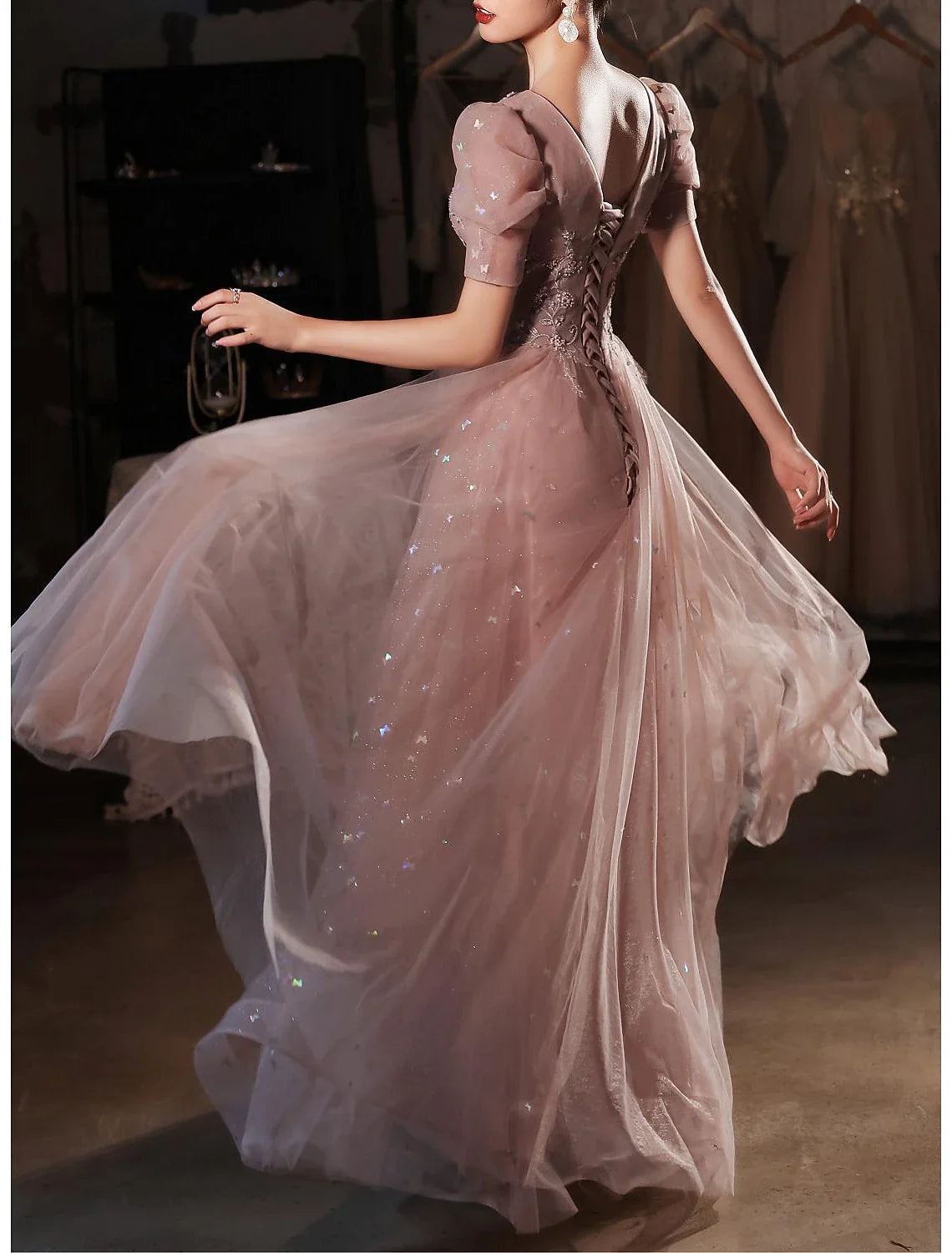 A-Line Sweetheart Satin Short Sleeve Applique Floor-Length Prom Dress - Chloe Dress
