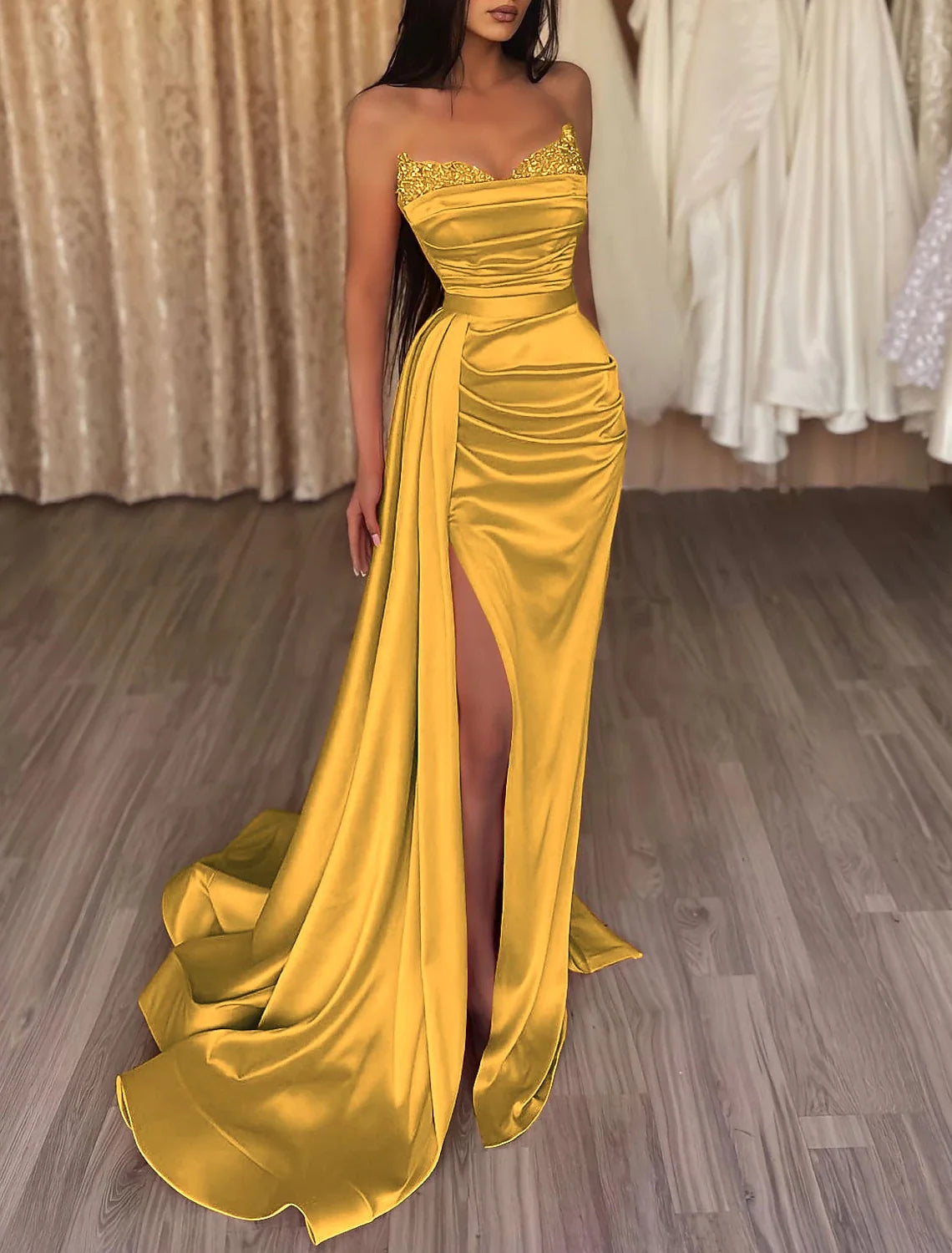 Mermaid Strapless Satin Sleeveless Train Evening Gown - Chloe Dress