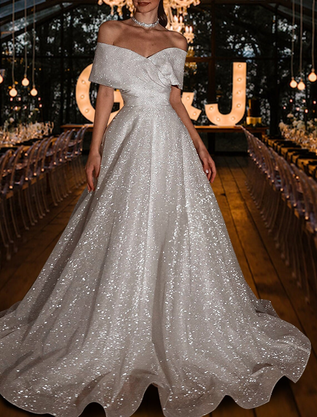 A-Line Off-Shoulder Sequin Cap Sleeve Train Wedding Gown - Chloe Dress