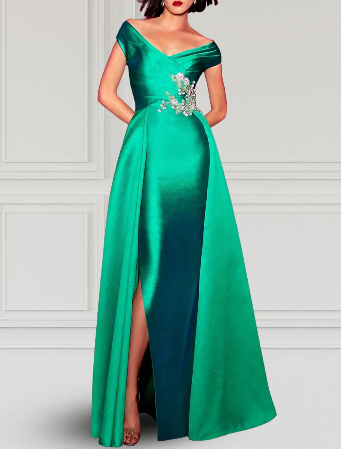 Green A-Line V-Neck Satin Short Sleeve High Slit Floor-Length Evening Gown - Chloe Dress