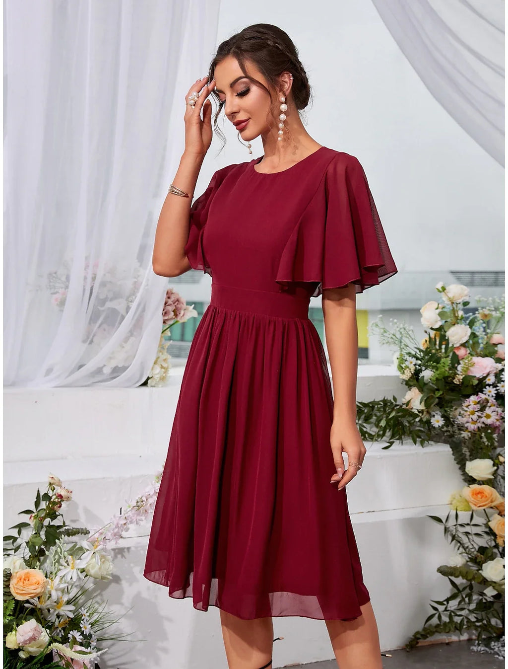 A-Line Chiffon Short Sleeve Ruffled Mini Wedding Dress - Chloe Dress