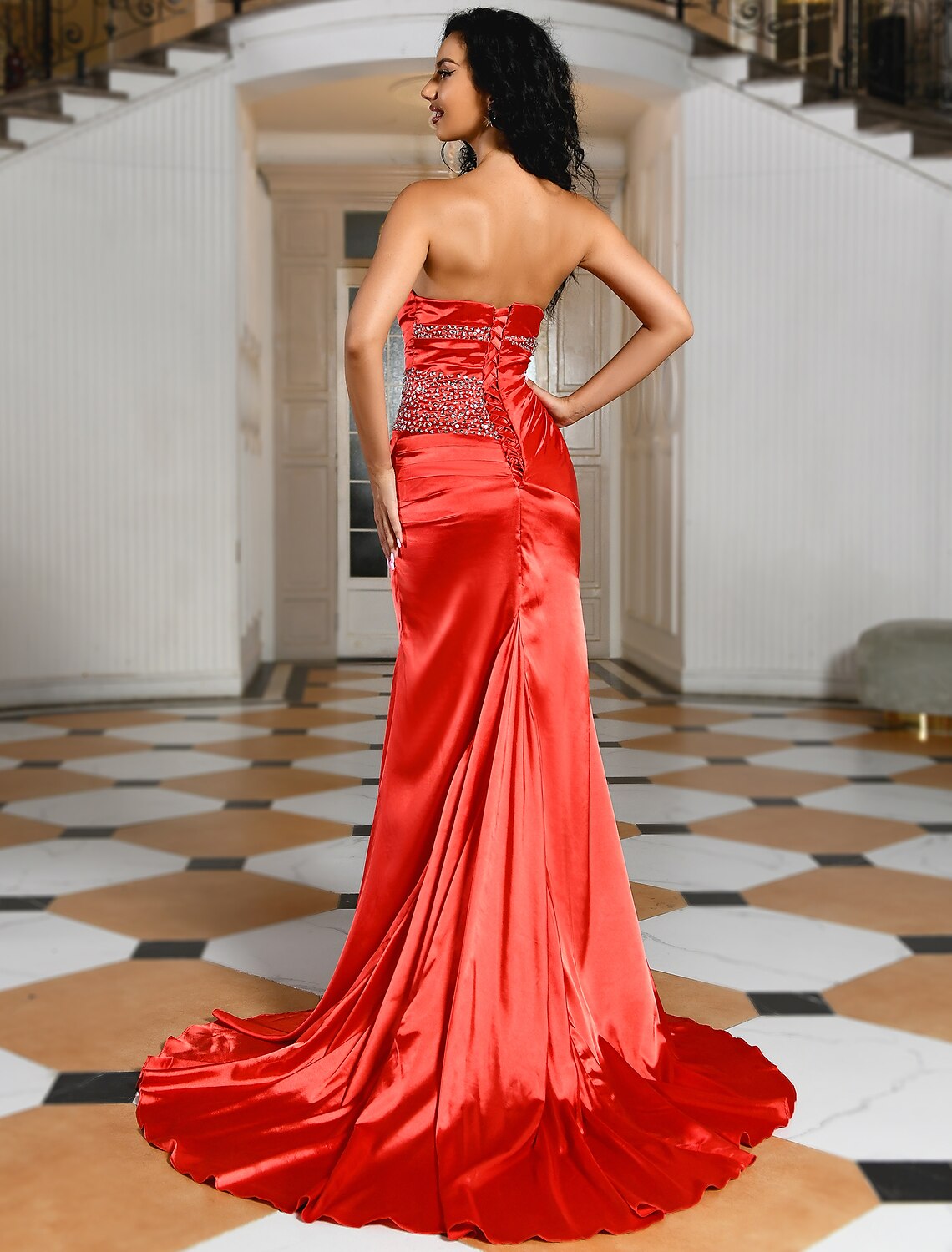 Green Mermaid Strapless Satin Sleeveless Train Evening Dress - Chloe Dress