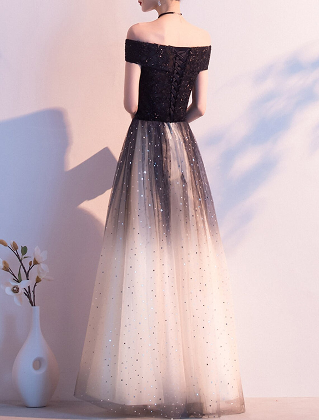 A-Line Off-Shoulder Tulle Short Sleeve Floor-Length Evening Gown - Chloe Dress