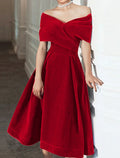 Black A-Line Off-Shoulder Velvet Short Sleeve Pleated Mini Wedding Dress - Chloe Dress