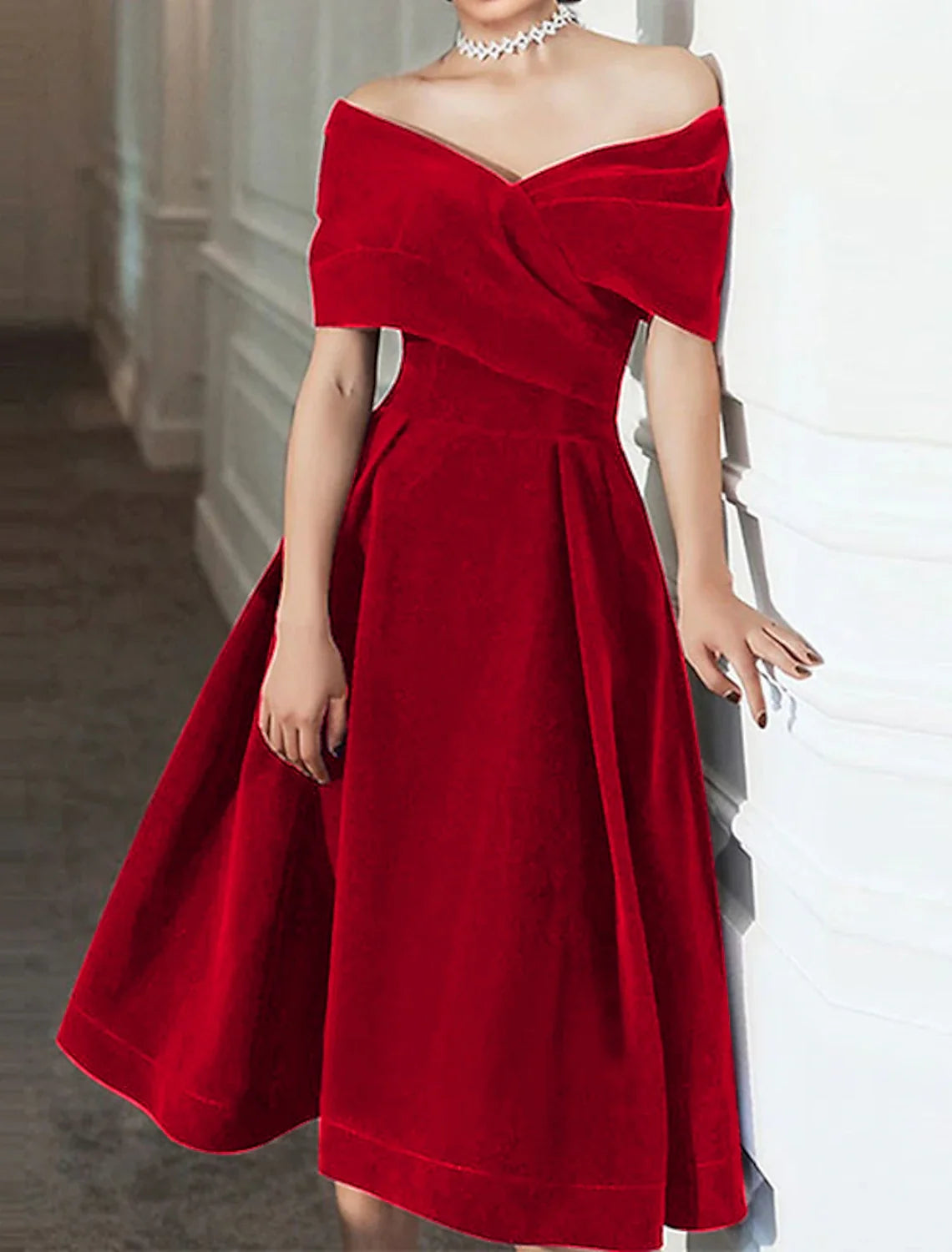 Black A-Line Off-Shoulder Velvet Short Sleeve Pleated Mini Wedding Dress - Chloe Dress